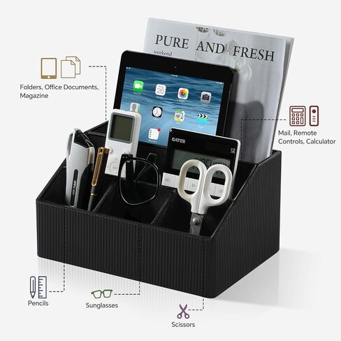 Remote Control Holder with 5 Compartments for Office Art Supplies, PU Leather Nightstand Organizer Pencil Pen Desk Caddy for Home, Multifunctional Desktop Organizer and Storage (Black) in Saudi Arabia