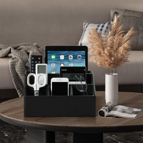 Remote Control Holder with 5 Compartments for Office Art Supplies, PU Leather Nightstand Organizer Pencil Pen Desk Caddy for Home, Multifunctional Desktop Organizer and Storage (Black) in Saudi Arabia
