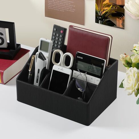 Remote Control Holder with 5 Compartments for Office Art Supplies, PU Leather Nightstand Organizer Pencil Pen Desk Caddy for Home, Multifunctional Desktop Organizer and Storage (Black) in Saudi Arabia