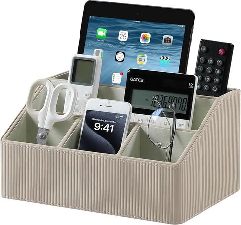 Remote Control Holder with 5 Compartments for Office Art Supplies, PU Leather Nightstand Organizer Pencil Pen Desk Caddy for Home, Multifunctional Desktop Organizer and Storage (Black) in Saudi Arabia