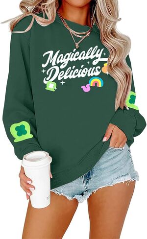 ALLTB St Patrick's Day Sweatshirt Women Lucky Shamrock Graphic Pullover Magically Delicious Letter Print Long Sleeve Top in Saudi Arabia
