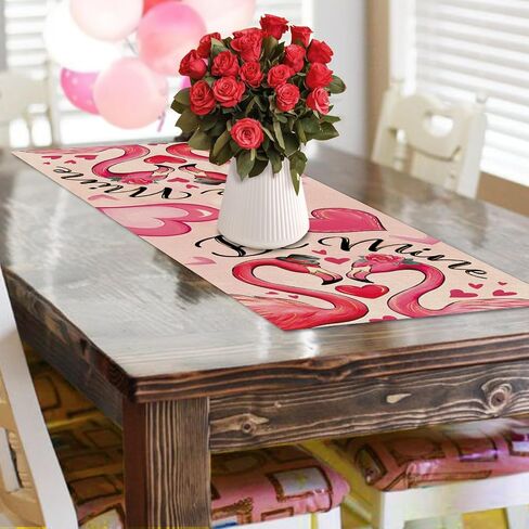 Valentines Day Flamingo Table Runner, Pink Love Hearts Be Mine Kitchen Dining Table Decoration, Anniversary Wedding Burlap Indoor Outdoor Home Decor Party Supply 13 x 72 Inches in Kuwait