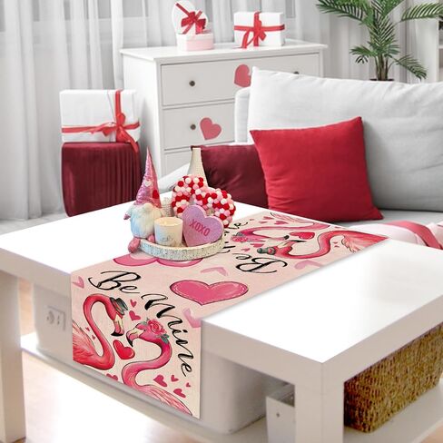Valentines Day Flamingo Table Runner, Pink Love Hearts Be Mine Kitchen Dining Table Decoration, Anniversary Wedding Burlap Indoor Outdoor Home Decor Party Supply 13 x 72 Inches in Kuwait