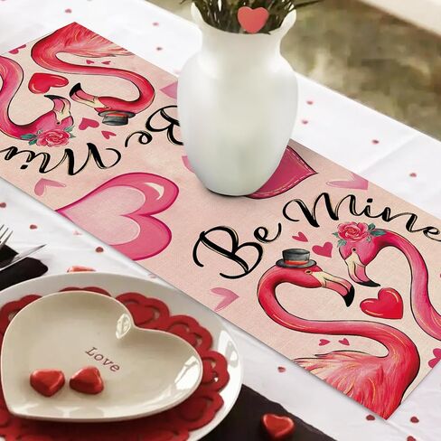 Valentines Day Flamingo Table Runner, Pink Love Hearts Be Mine Kitchen Dining Table Decoration, Anniversary Wedding Burlap Indoor Outdoor Home Decor Party Supply 13 x 72 Inches in Kuwait