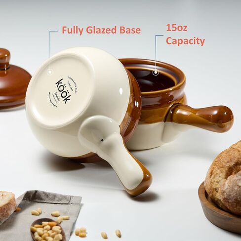 French Onion Soup Bowl, by Kook, French Onion Soup, Oven Safe Bowls, Soup Crocks, Ceramic, Handles, Stoneware, Dishwasher, Microwave, Oven & Broil Safe 16oz Standard Capacity & 18oz Full Capacity Set of 4 in Kuwait