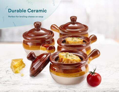 French Onion Soup Bowl, by Kook, French Onion Soup, Oven Safe Bowls, Soup Crocks, Ceramic, Handles, Stoneware, Dishwasher, Microwave, Oven & Broil Safe 16oz Standard Capacity & 18oz Full Capacity Set of 4 in Kuwait