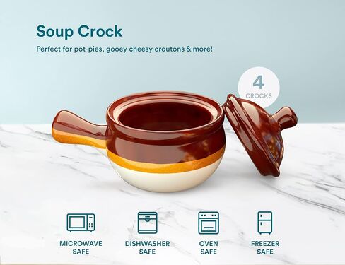 French Onion Soup Bowl, by Kook, French Onion Soup, Oven Safe Bowls, Soup Crocks, Ceramic, Handles, Stoneware, Dishwasher, Microwave, Oven & Broil Safe 16oz Standard Capacity & 18oz Full Capacity Set of 4 in Kuwait