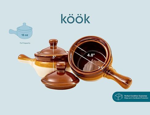 French Onion Soup Bowl, by Kook, French Onion Soup, Oven Safe Bowls, Soup Crocks, Ceramic, Handles, Stoneware, Dishwasher, Microwave, Oven & Broil Safe 16oz Standard Capacity & 18oz Full Capacity Set of 4 in Kuwait