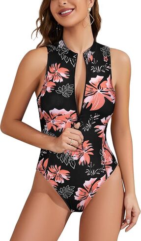 SHEKINI Women's Sporty One Piece Bathing Suits High Neck Rash Guard Leotards Zipper Swimsuit in Saudi Arabia