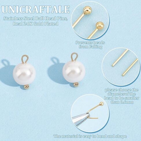 UNICRAFTALE 150 قطعة دبابيس رأس مطلية بالذهب الحقيقي 24 قيراط قابلة للانحناء 20 مم من الفولاذ المقاوم للصدأ دبابيس رأس كروية معدنية دبابيس عين معدنية نتائج دبابيس رأس نهائية لصنع المجوهرات اليدوية in Saudi Arabia
