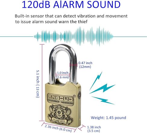 Alarm Padlock - Anti-Theft Heavy Duty Security Alarm Lock - 120db Alarm Sound & 4 Keys-Weatherproof Padlock for Storage Shed, Garage, Locker, Sliding Doors, Cabinets and More - (10mm) Bronze in Kuwait
