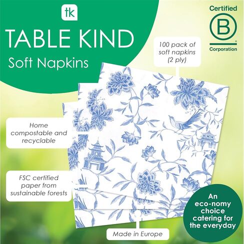 Talking Tables 100 x Bulk Pack Soft Blue Chinoiserie Paper Napkins, Disposable Party Serviettes for Birthday, Weddings, Everyday Tableware, Catering, Recyclable Made in EU 2ply 33cm in Saudi Arabia