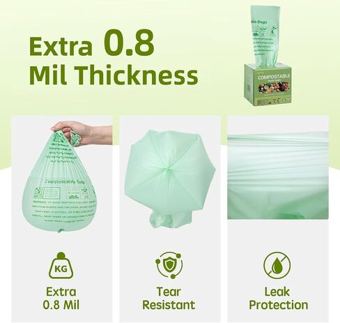 Compostable Trash Bags 13 Gallon, Extra Thick 1 Mil, Large Compost Bags, 49.21 Liter, 50 Count, Kitchen Compostable Liners, Green Compost Bin Liners for Food Scraps and Organic Waste in Kuwait