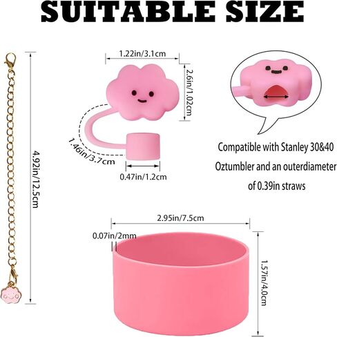 Stanley Cup Accessories 40oz Including 2PCS 0.4in 10mm Reusable Dust-Proof Drinking Straw Cover, 2PCS Cute Charms for Handle,1PCS Tumbler Bottom Protector Boot 30oz (pink) in Saudi Arabia