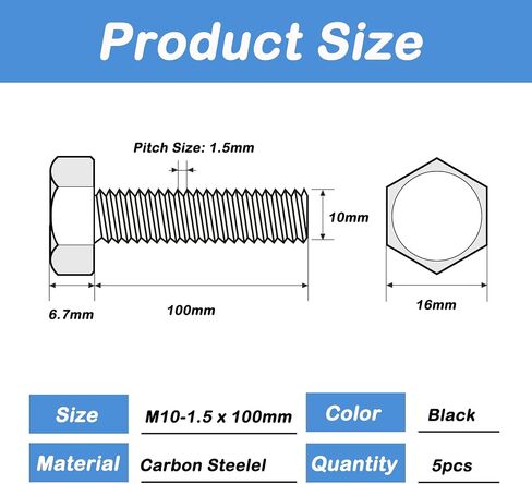 5 PCS M10x1.5 Hex Bolts M10-1.5 x 150mm Hex Head Screw Bolts, Carbon Steel Grade 8.8, M10 Hexagon Head Bolts, Metric Thread, Black Oxide Finish, Full Thread in Saudi Arabia