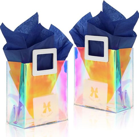 KeerxunBag 2 Pack Holographic Gift Bags with Handles & 2 Tissue Paper Sheets and 2 greeting card– Iridescent Transparent Reusable Bags for Women, Girls, Birthdays, Weddings，Pink Gift Bag in Saudi Arabia