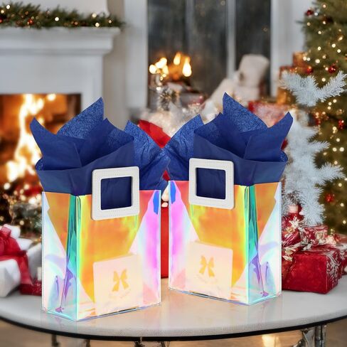 KeerxunBag 2 Pack Holographic Gift Bags with Handles & 2 Tissue Paper Sheets and 2 greeting card– Iridescent Transparent Reusable Bags for Women, Girls, Birthdays, Weddings，Pink Gift Bag in Saudi Arabia
