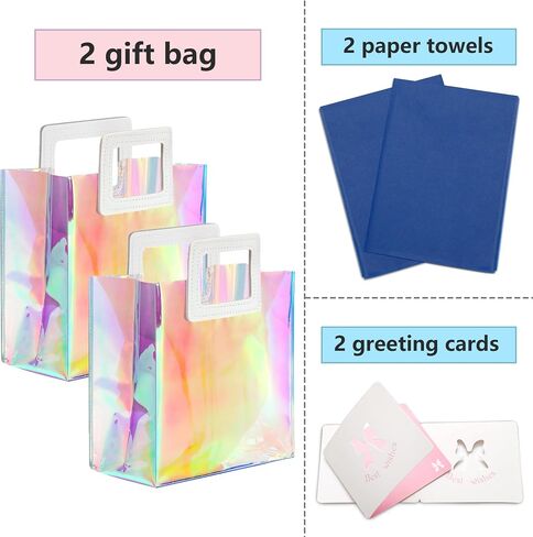 KeerxunBag 2 Pack Holographic Gift Bags with Handles & 2 Tissue Paper Sheets and 2 greeting card– Iridescent Transparent Reusable Bags for Women, Girls, Birthdays, Weddings，Pink Gift Bag in Saudi Arabia