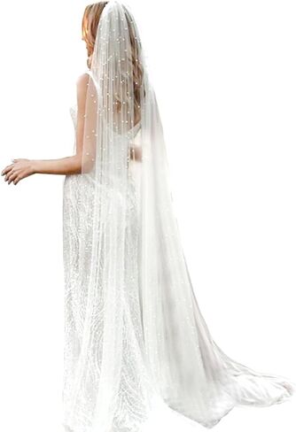 Long Wedding Bride Veil Pearl Chapel Length Veils For Women With Comb in Saudi Arabia