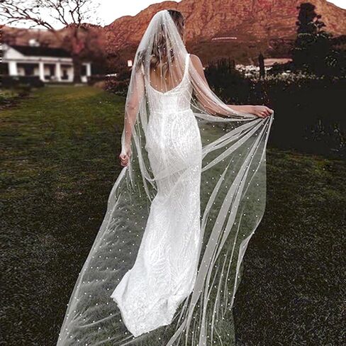 Long Wedding Bride Veil Pearl Chapel Length Veils For Women With Comb in Saudi Arabia