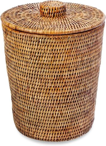 KOUBOO La Jolla Rattan Round Waste Basket With Lid & Plastic Insert, 2 Gallon Woven Wastebasket for Bathroom, Kitchen, Office, Living Room, & Home Decor, Honey Brown in Kuwait