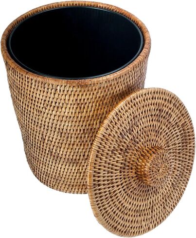 KOUBOO La Jolla Rattan Round Waste Basket With Lid & Plastic Insert, 2 Gallon Woven Wastebasket for Bathroom, Kitchen, Office, Living Room, & Home Decor, Honey Brown in Kuwait
