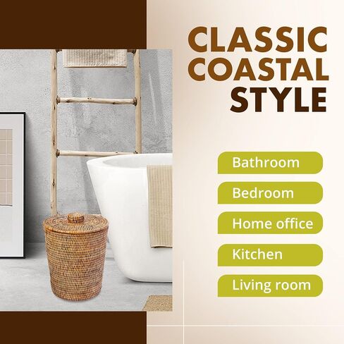 KOUBOO La Jolla Rattan Round Waste Basket With Lid & Plastic Insert, 2 Gallon Woven Wastebasket for Bathroom, Kitchen, Office, Living Room, & Home Decor, Honey Brown in Kuwait
