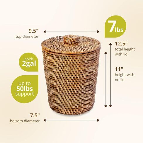 KOUBOO La Jolla Rattan Round Waste Basket With Lid & Plastic Insert, 2 Gallon Woven Wastebasket for Bathroom, Kitchen, Office, Living Room, & Home Decor, Honey Brown in Kuwait