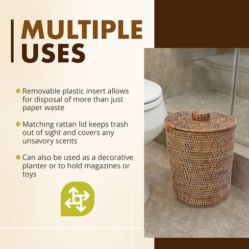 KOUBOO La Jolla Rattan Round Waste Basket With Lid & Plastic Insert, 2 Gallon Woven Wastebasket for Bathroom, Kitchen, Office, Living Room, & Home Decor, Honey Brown in Kuwait