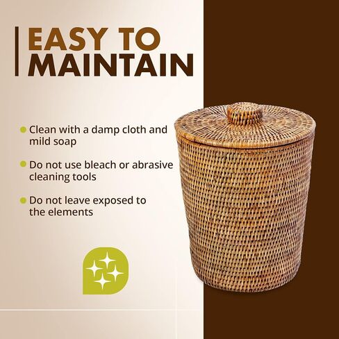 KOUBOO La Jolla Rattan Round Waste Basket With Lid & Plastic Insert, 2 Gallon Woven Wastebasket for Bathroom, Kitchen, Office, Living Room, & Home Decor, Honey Brown in Kuwait