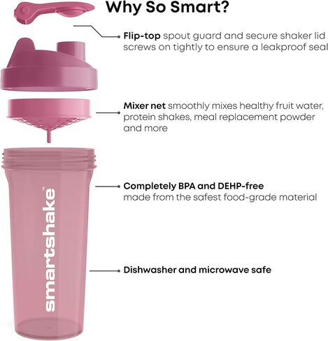 Smartshake Glossy Lite Protein Shaker Bottle 800mL Heakproof BPA مجاني - هدايا للرجال شرب صالة ألعاب رياضية للرجال لشراب البروتين + مسحوق البروتين (800 مل ، وردة عميقة) in Kuwait