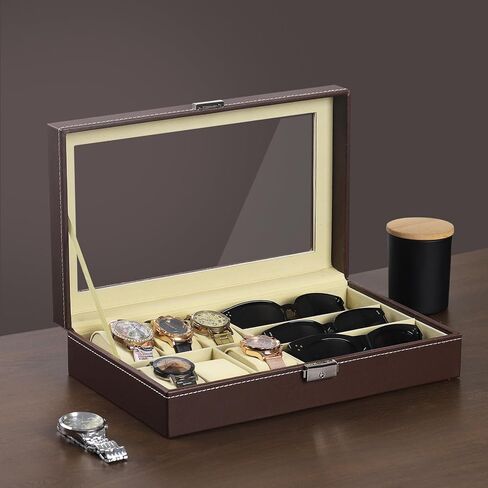 AUTOARK جلد 6 ساعات و3 نظارات وصندوق نظارات شمسية مع منظم حقيبة عرض المجوهرات، صناديق حامل تخزين للرجال والنساء، سطح زجاجي، أسود، AW-004 in Kuwait