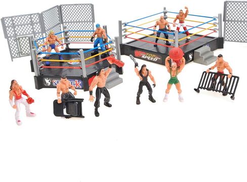 PowerTRC 32 Pieces Wrestling Toys, Wrestler Play Set with 2 Wrestle Rings (Hexagon & Square), 12 Wrestlers, 18 Accessories, Toy Figures Cake Topper Birthday Party Decoration Gift Toy for Kids in Saudi Arabia