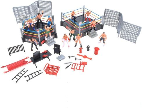 PowerTRC 32 Pieces Wrestling Toys, Wrestler Play Set with 2 Wrestle Rings (Hexagon & Square), 12 Wrestlers, 18 Accessories, Toy Figures Cake Topper Birthday Party Decoration Gift Toy for Kids in Saudi Arabia