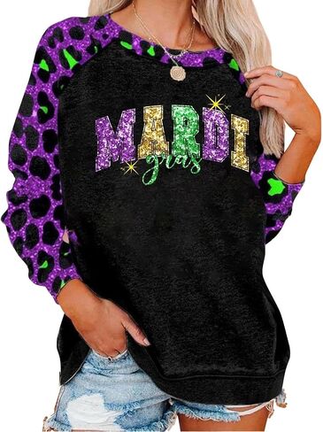 Mardi Gras Outfit for Women Leopard Splicing Fashion Mardi Gras Sweatshirts Party Long Sleeve in Saudi Arabia