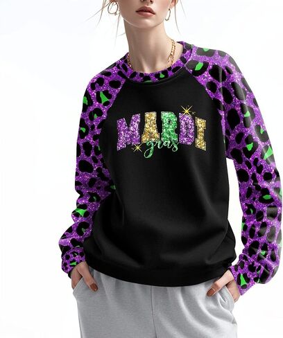 Mardi Gras Outfit for Women Leopard Splicing Fashion Mardi Gras Sweatshirts Party Long Sleeve in Saudi Arabia