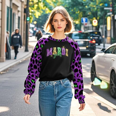 Mardi Gras Outfit for Women Leopard Splicing Fashion Mardi Gras Sweatshirts Party Long Sleeve in Saudi Arabia