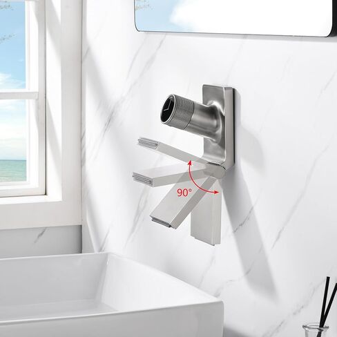 SUMERAIN Wall Mount Bathroom Sink Faucet Modern Waterfall Swiveling Spout with Rough in Valve, Black and Gold in Saudi Arabia
