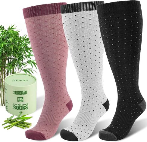 Plus Size Compression Socks for Women Wide Calf (2 Pairs) 15-20mmHg Bamboo Viscose Knee High Sock Support for Nurses Pregnancy Travel XXL（Black&Gray） in Kuwait
