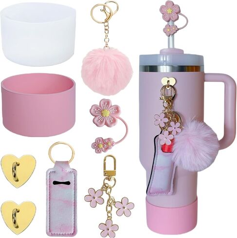 Accessories for Stanley Cup 40oz,2 Silicone Boots for Stanley Tumbler,1 Flower Straw Cover Topper,2 Charms Hooks,1 Lipstick Holder Bag,1 Pompom Ball,1 Cute Keychain Charms (Passion Pink) in Saudi Arabia