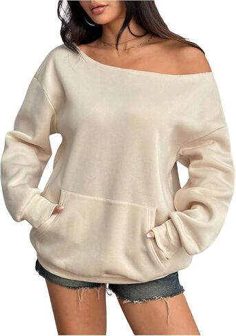 Women's Oversized Off Shoulder Sweatshirts Long Sleeve Basic Thermal Pullover Tops with Pocket in Saudi Arabia