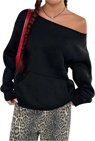 Women's Oversized Off Shoulder Sweatshirts Long Sleeve Basic Thermal Pullover Tops with Pocket in Saudi Arabia