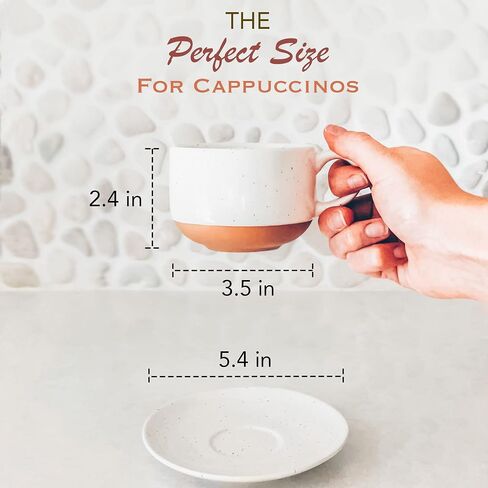 Mora Ceramics 8oz Cappuccino Mug Set of 4 - Ceramic Coffee Cups with Saucers - Microwave and Dishwasher Safe, Perfect For Tea, Espresso, Latte - Porcelain Mugs for Kitchen or Cafe - Assorted Neutrals in Kuwait