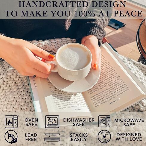 Mora Ceramics 8oz Cappuccino Mug Set of 4 - Ceramic Coffee Cups with Saucers - Microwave and Dishwasher Safe, Perfect For Tea, Espresso, Latte - Porcelain Mugs for Kitchen or Cafe - Assorted Neutrals in Kuwait