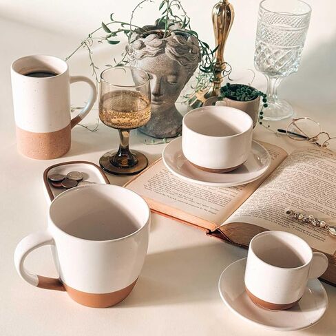 Mora Ceramics 8oz Cappuccino Mug Set of 4 - Ceramic Coffee Cups with Saucers - Microwave and Dishwasher Safe, Perfect For Tea, Espresso, Latte - Porcelain Mugs for Kitchen or Cafe - Assorted Neutrals in Kuwait