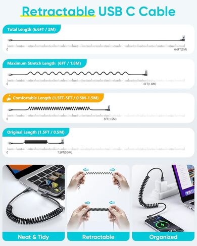 SUNGUY Right Angle Coiled USB C Cable 3FT [2Pack], 90 Degree USB A to USB C Cable for Android Auto & Carplay, USB Type C Charging Cable for iPhone 16 15 Pro/Pro Max/Plus, Samsung Galaxy S24 S23 S22 in Kuwait