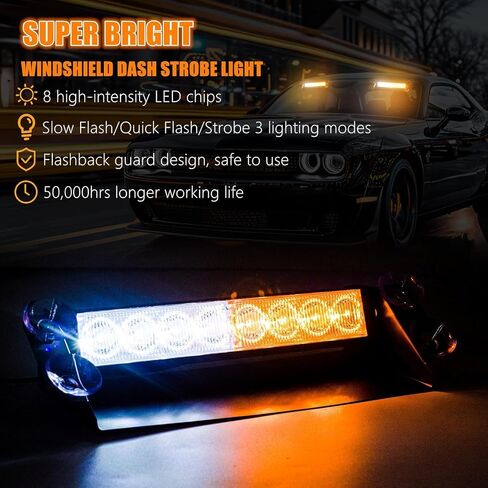 LED Dash Emergency Strobe Lights Interior Windshield Yellow Flashing Warning Light Bar w/Suction Cups for Police Law Enforcement Construction Vehicles Trucks. in Kuwait