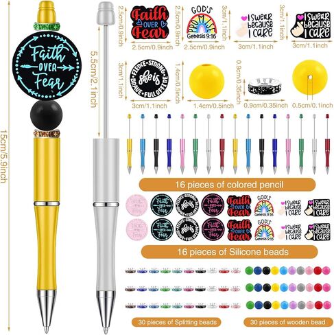ylolul 16 set absion ablemablable pens beadable pen مع 16 حبة من السيليكون الملهمة ، 30 حبة فاصل ، 30 حبة خشبية لمدرسة Office Diy Supply Day Teacher in Kuwait