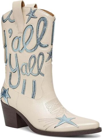 HOCHFART Women's Cowboy Boots Mid Calf Pointed Toe Low Chunky Heel Embroidery Metallic Pull On Western Festival Concert Fashion Cowgirl Boots in Saudi Arabia