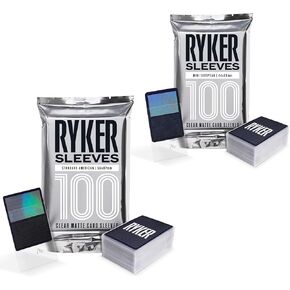 Ryker Sleeves Standard American Size and Mini European- Trading Card Game Sleeves and Board Game Sleeves (1 Pack, 100Qty Standard American Clear 56x87, 1 Pack 100Qty Mini European Clear 44x68mm)